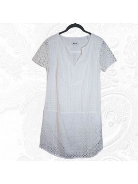 Three Dots White Eyelet Short Sleeve Shift Dress Size Small